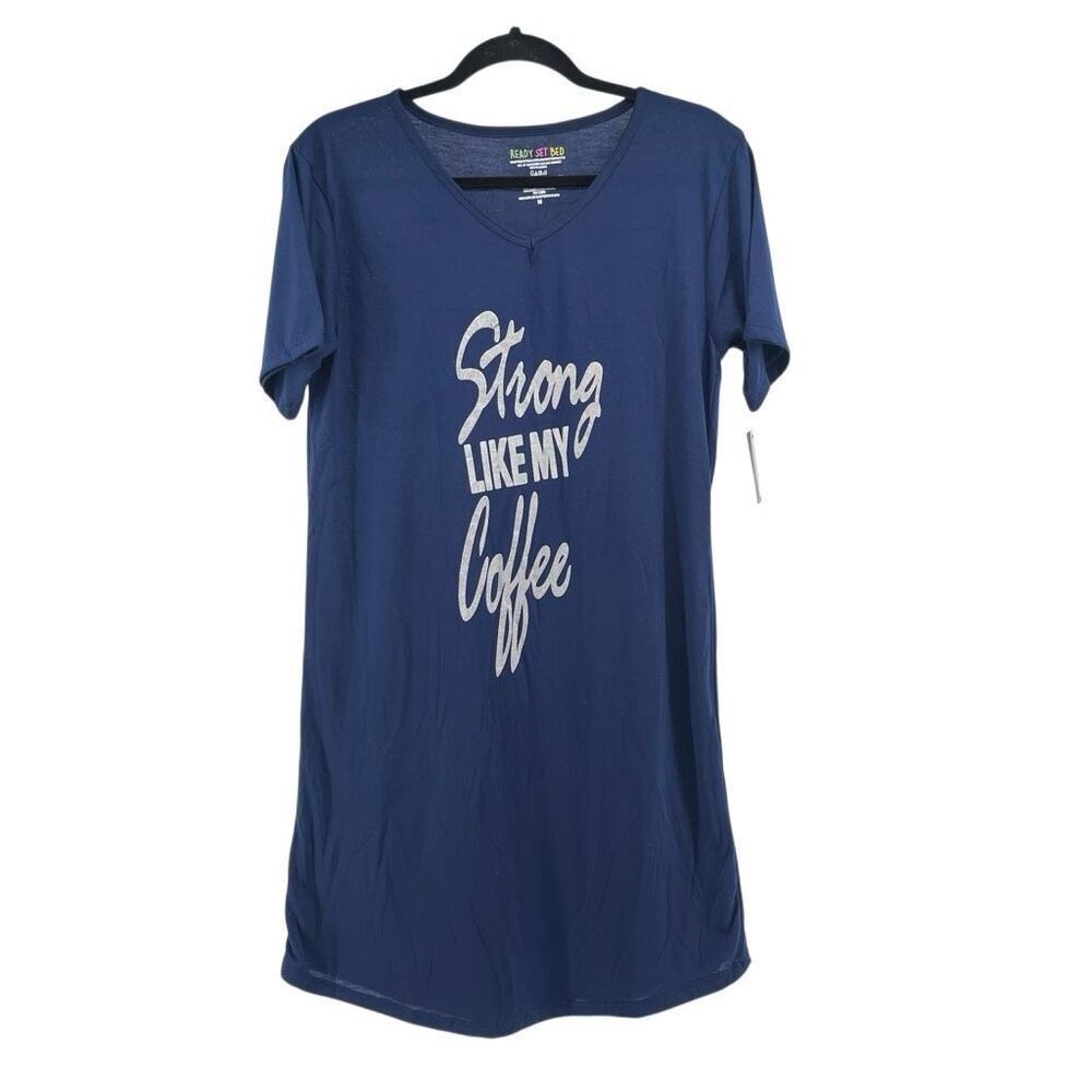Ready Set Bed Strong Like My Coffee Navy Graphic Sleep Shirt Dress NWT Medium